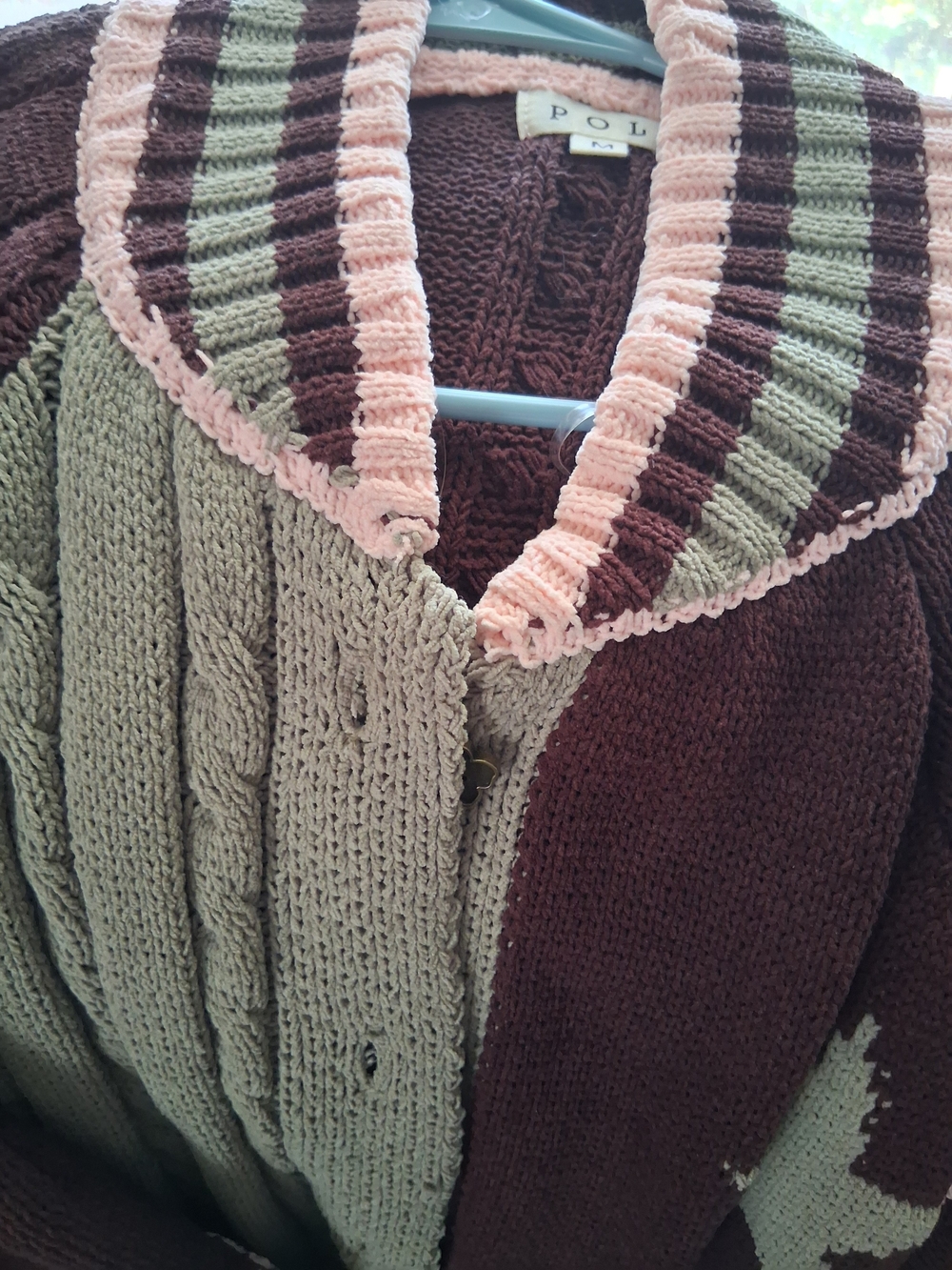 POL Colorblock Shawl-Collar Cardigan in Brown, Sage & Pale Pink